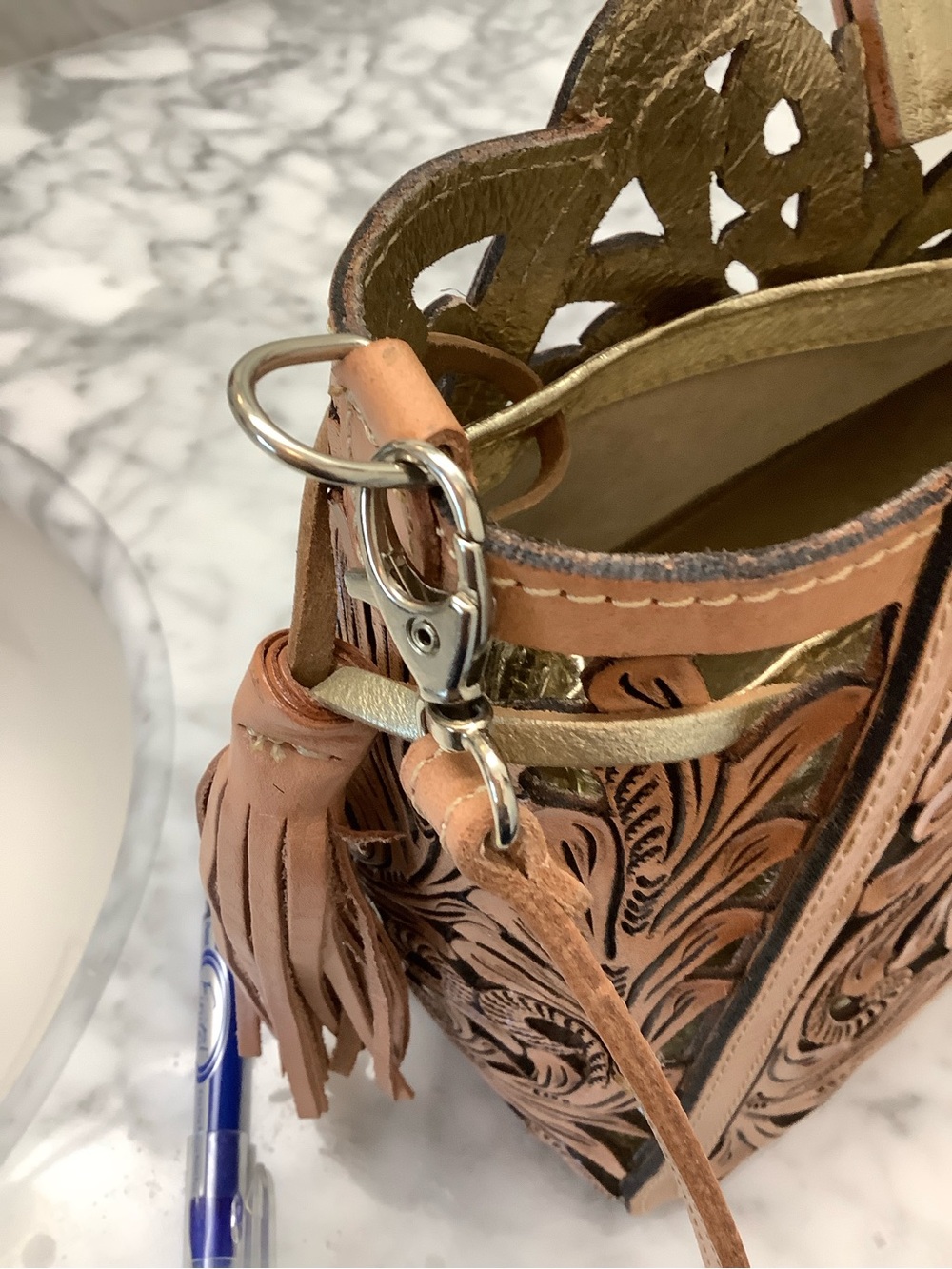 Tan Floral Tooled Leather Crossbody Bag with Tassel Accents - Picture 5 of 11